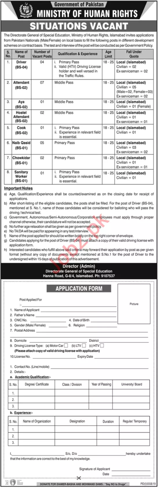 Jobs of Ministry of Human Rights Islamabad Jobs 2020 — original advertisement