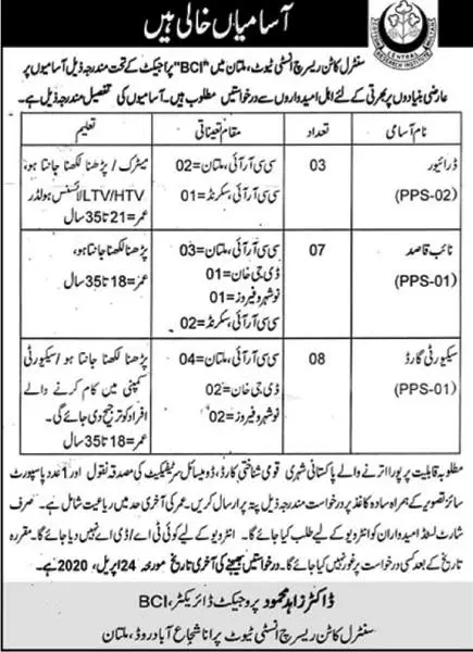 Jobs Central Cotton Research Institute Multan Jobs 2020 — original advertisement