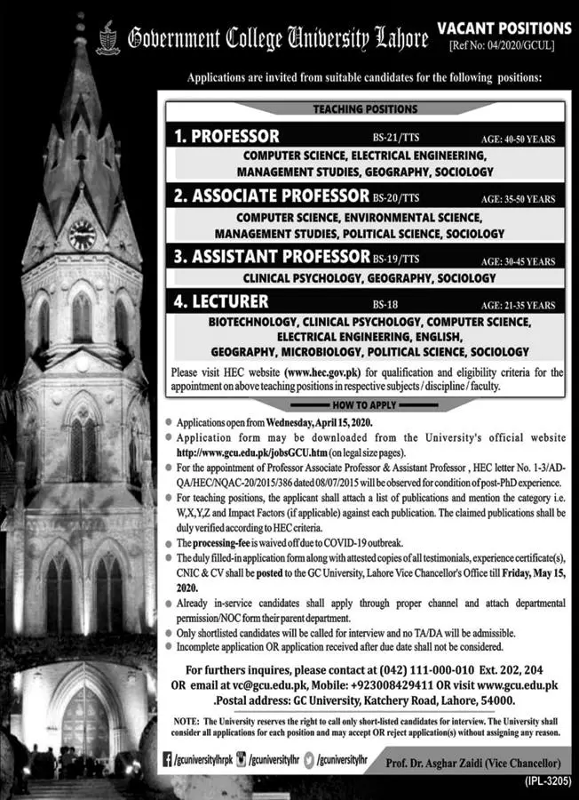 Jobs Govt College University Lahore – Government College University Lahore Jobs 2020 — original advertisement