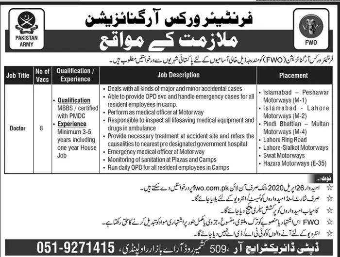 Jobs in Frontier Work Organization (FWO) Pakistan – Frontier Works Organization Jobs 2020 — original advertisement