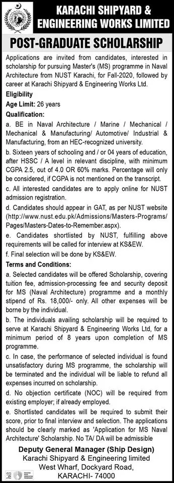 Scholarship Karachi Shipyard Engineering Works Ltd – Karachi Shipyard & Engineering Works Limited Scholarships 2020 — original advertisement