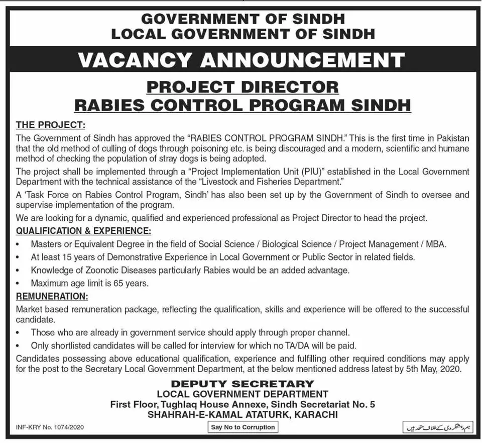 Jobs Rabies Control Program Local Govt Deptt Sindh – Local Govt Department Sindh Jobs 2020 — original advertisement
