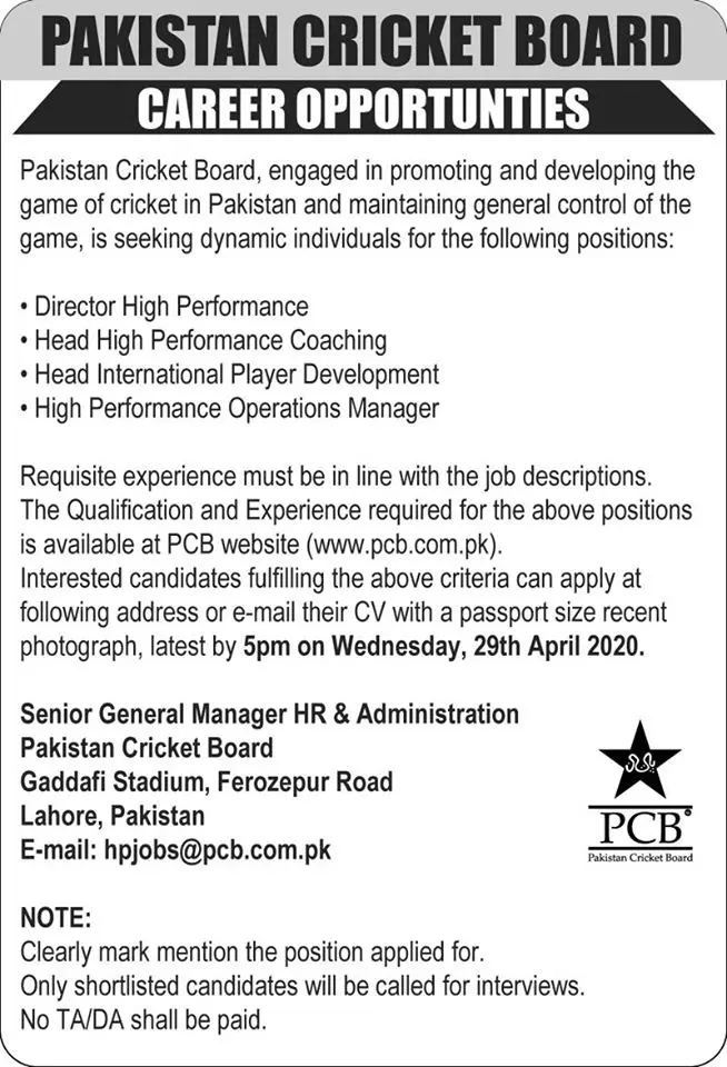 Jobs in Pakistan Cricket Board PCB – Pakistan Cricket Board (PCB) Jobs 2020 — original advertisement