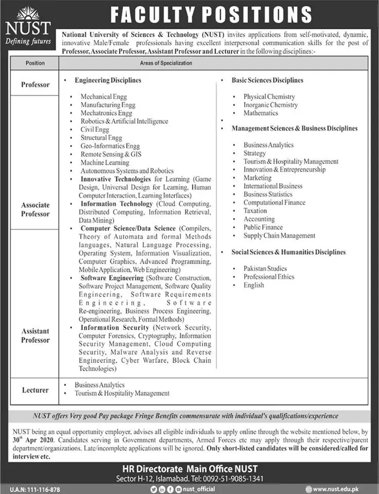 Jobs National University of Science & Technology Islamabad Jobs 2020 — original advertisement
