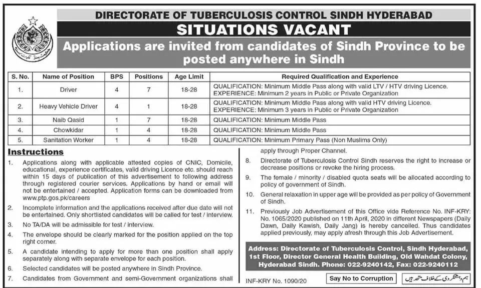 Jobs in TuberCulosis Control Program Health Department Sindh Jobs 2020 — original advertisement