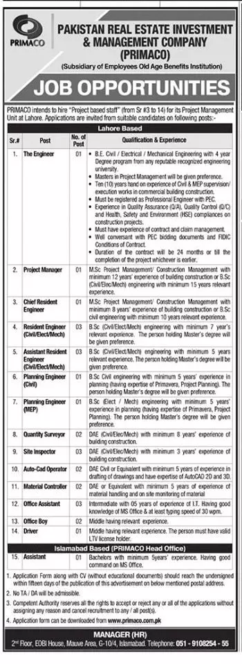Jobs Pakistan Real Estate Investment & Management Company – Pakistan Real Estate Investment & Management Company (Pvt) Limited Jobs 2020 — original advertisement