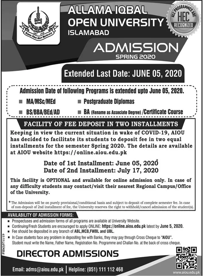 Admissions in  Allama Iqbal Open University Islamabad Admissions 2020 — original advertisement