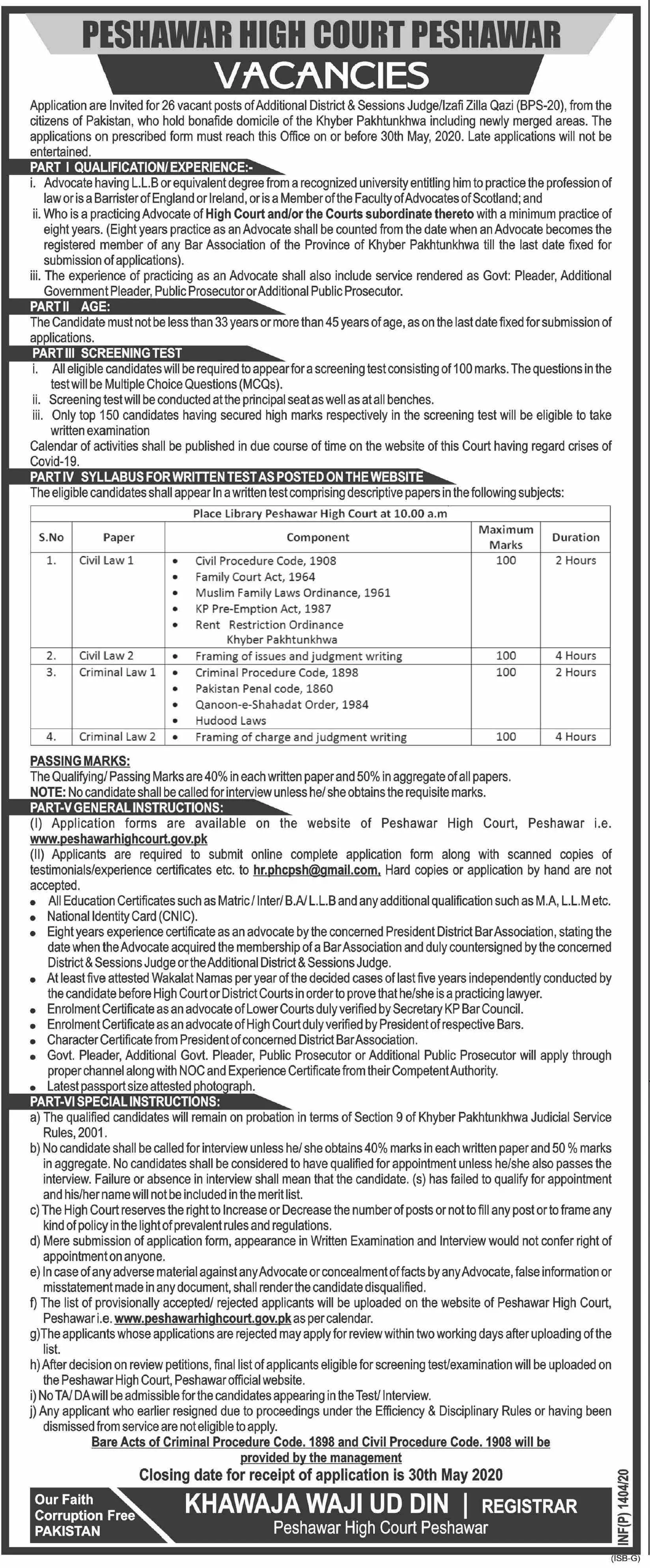 Jobs of Additional District & Session Judge Kpk – Peshawar High Court, Peshawar Jobs 2020 — original advertisement