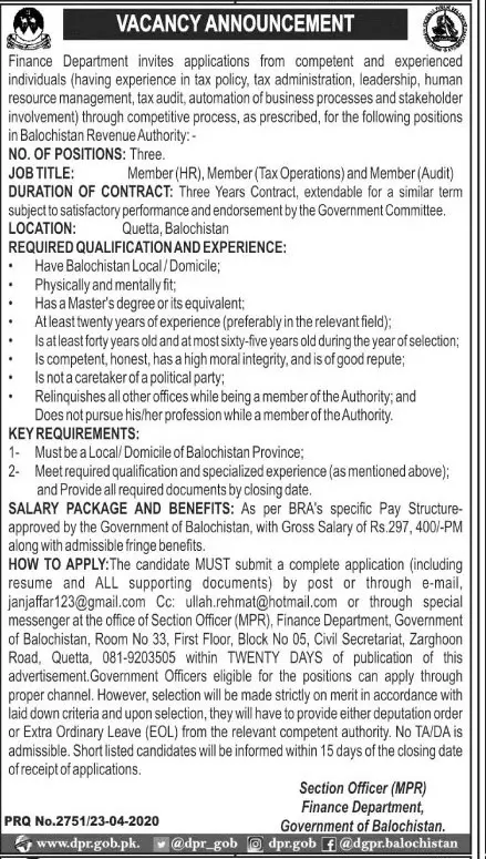 Jobs in Balochistan Revenue Authority (BRA – Balochistan Revenue Authority BRA Jobs 2020 — original advertisement