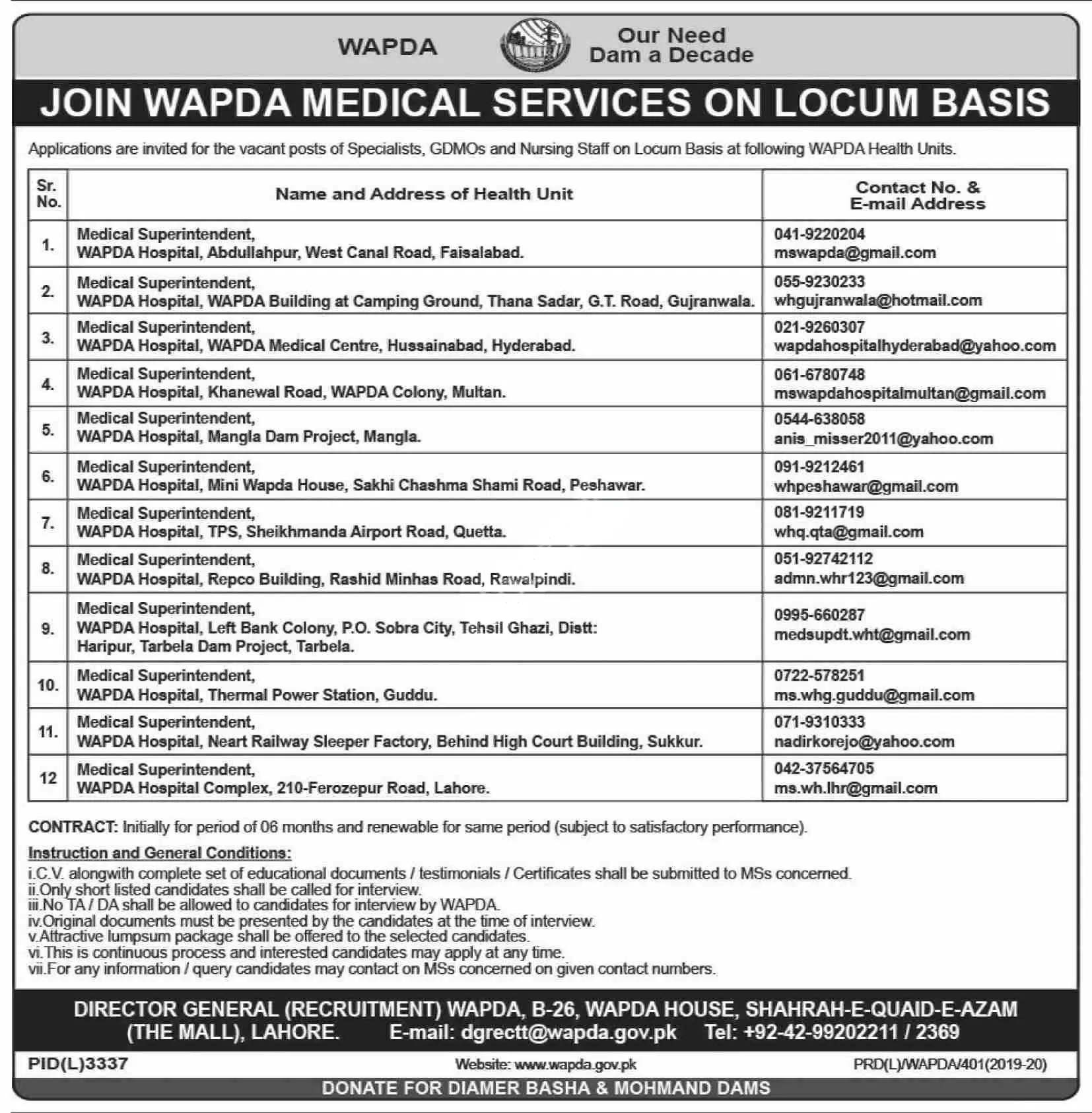 Jobs in WAPDA  Medical Services – Water and Power Development Authority Jobs 2020 — original advertisement