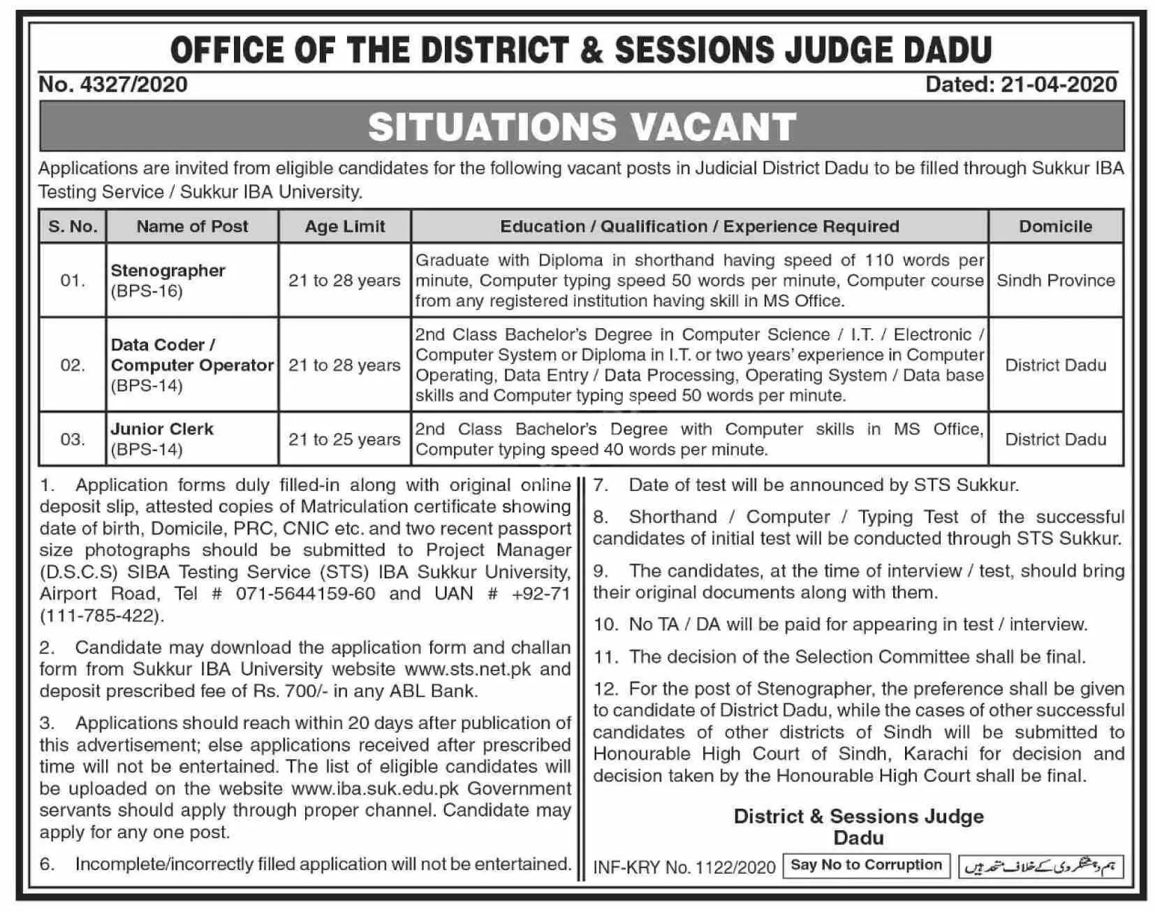 Jobs District & Session Judge Dadu Sindh – Judiciary of Sindh Jobs 2020 — original advertisement
