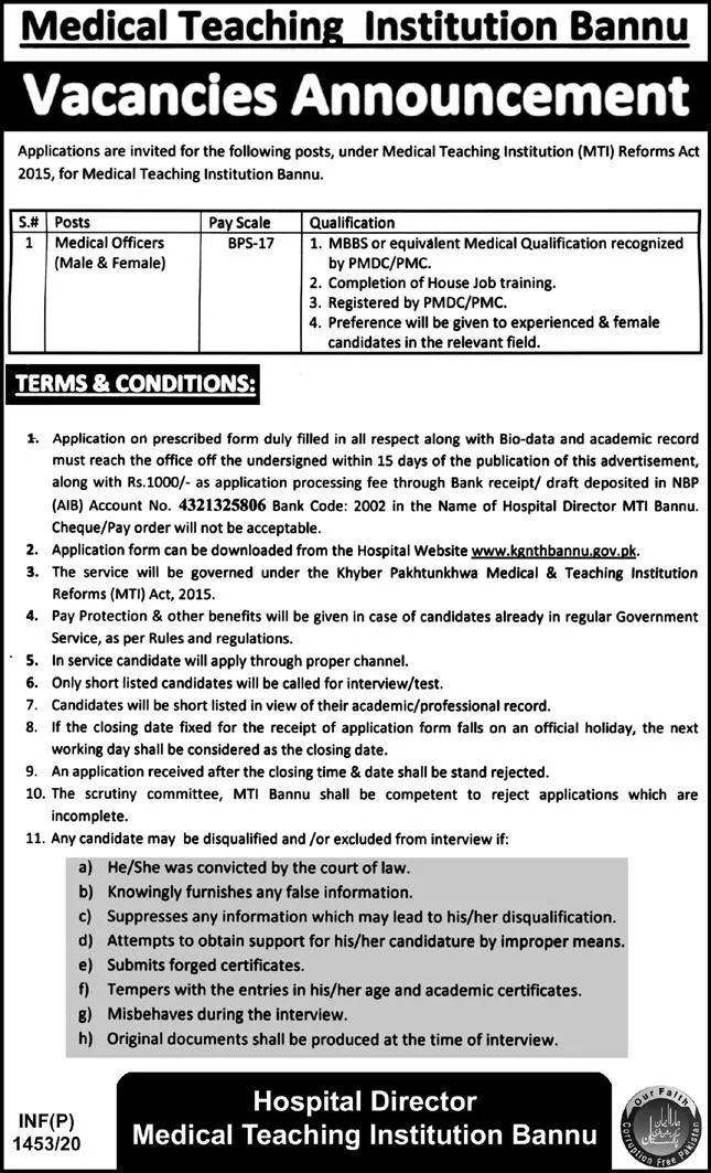 Jobs Medical Teaching Institution Bannu Jobs 2020 — original advertisement