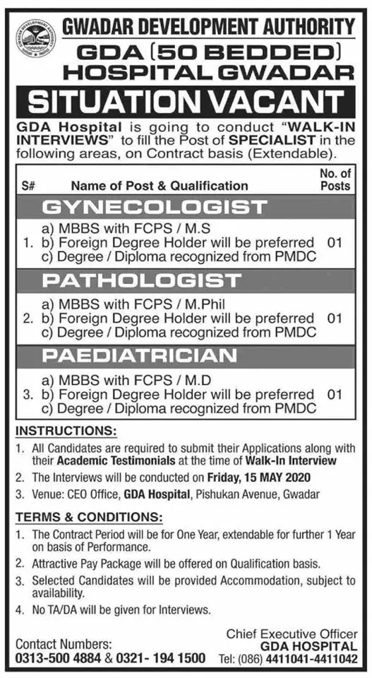Jobs in 50 Bedded GDA Hospital Gwadar – Gwadar Development Authority Jobs 2020 — original advertisement