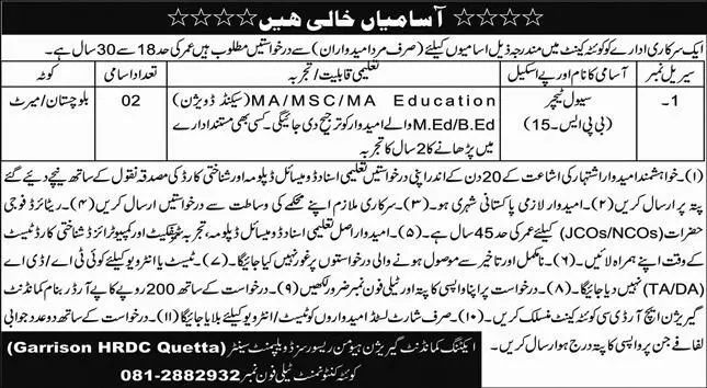 Jobs Garrison HRDC Quetta Cantt – Federal Govt Educational Institutes Cantts and Garrisons Jobs 2020 — original advertisement