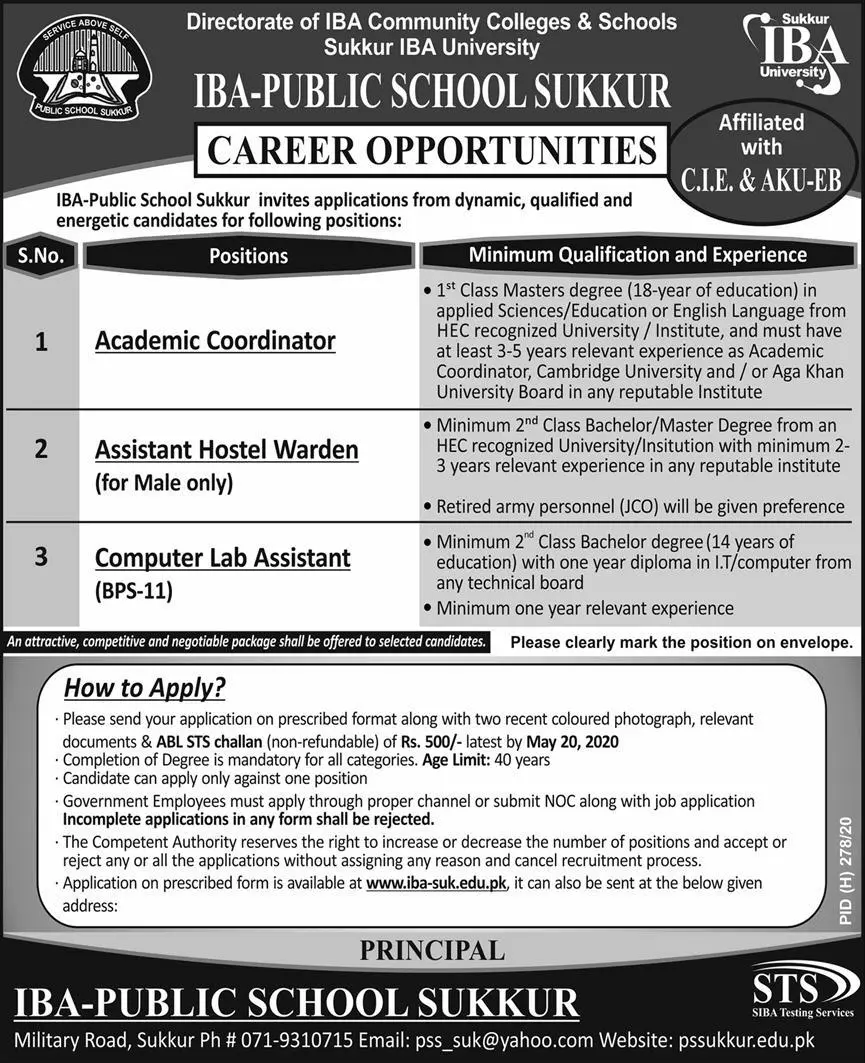 Jobs  IBA Community Colleges And Schools Sukkur – Directorate of IBA Community Colleges & Schools Jobs 2020 — original advertisement