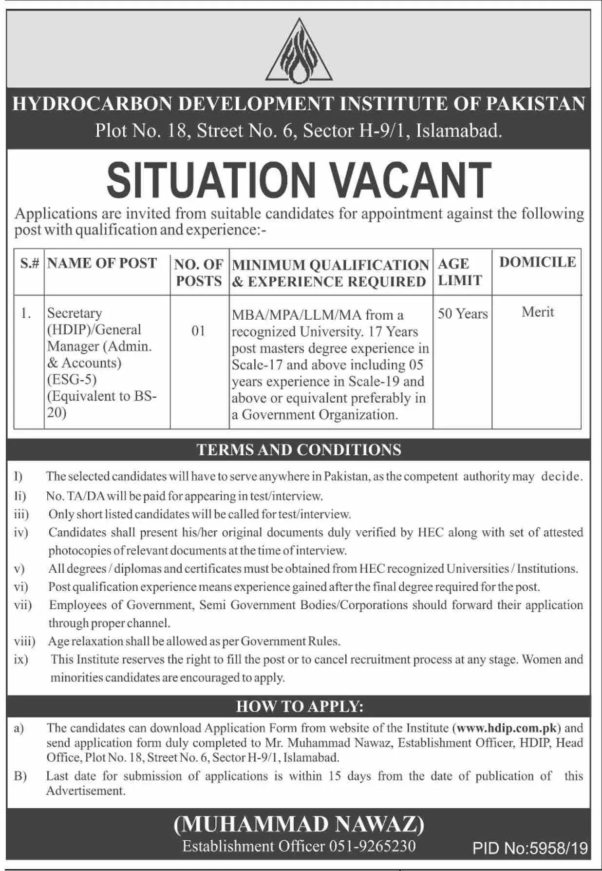 Jobs Hydrocarbon Development Institute of Pakistan Jobs 2020 — original advertisement