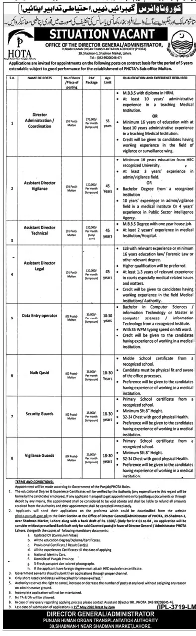 Jobs Punjab Human Organ Transplantation Authority PHOTA Jobs 2020 — original advertisement