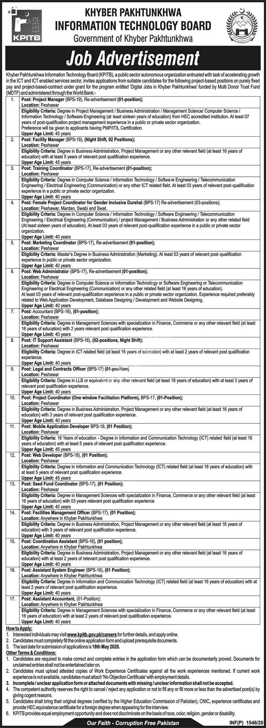 Jobs In Khyber Pakhtunkhwa Information Technology Board – Khyber Pakhtunkhwa Information Technology Board (KPITB) Peshawar Jobs 2020 — original advertisement