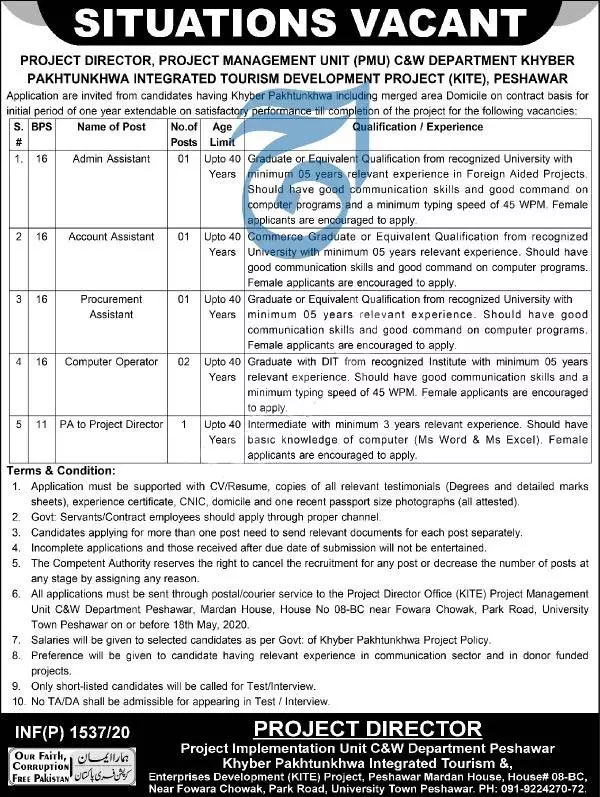 Jobs Project Implementation Unit PMU C&W Department Kpk – Communication & Works Department KPK Jobs 2020 — original advertisement