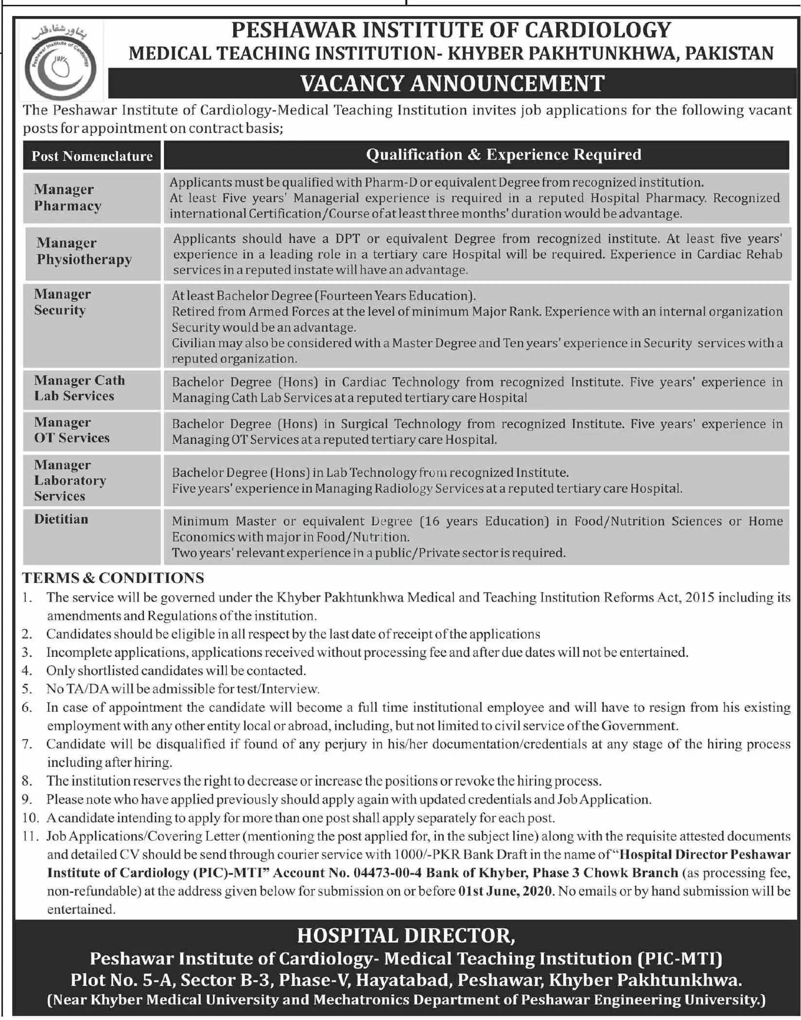 Jobs Peshawar Institute of Cardiology MTI Peshawar Kpk – Medical Teaching Institute MTI Khyber Teaching Hospital Peshawar Kpk Jobs 2020 — original advertisement