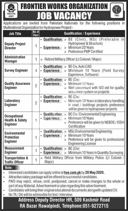 Jobs Frontier Works Organization (FWO) Jobs 2020 — original advertisement