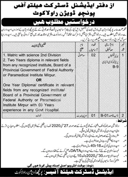 Jobs District Health Office Poonch Rawalakot Ajk – Health Department Azad Jammu Kashmir Jobs 2020 — original advertisement