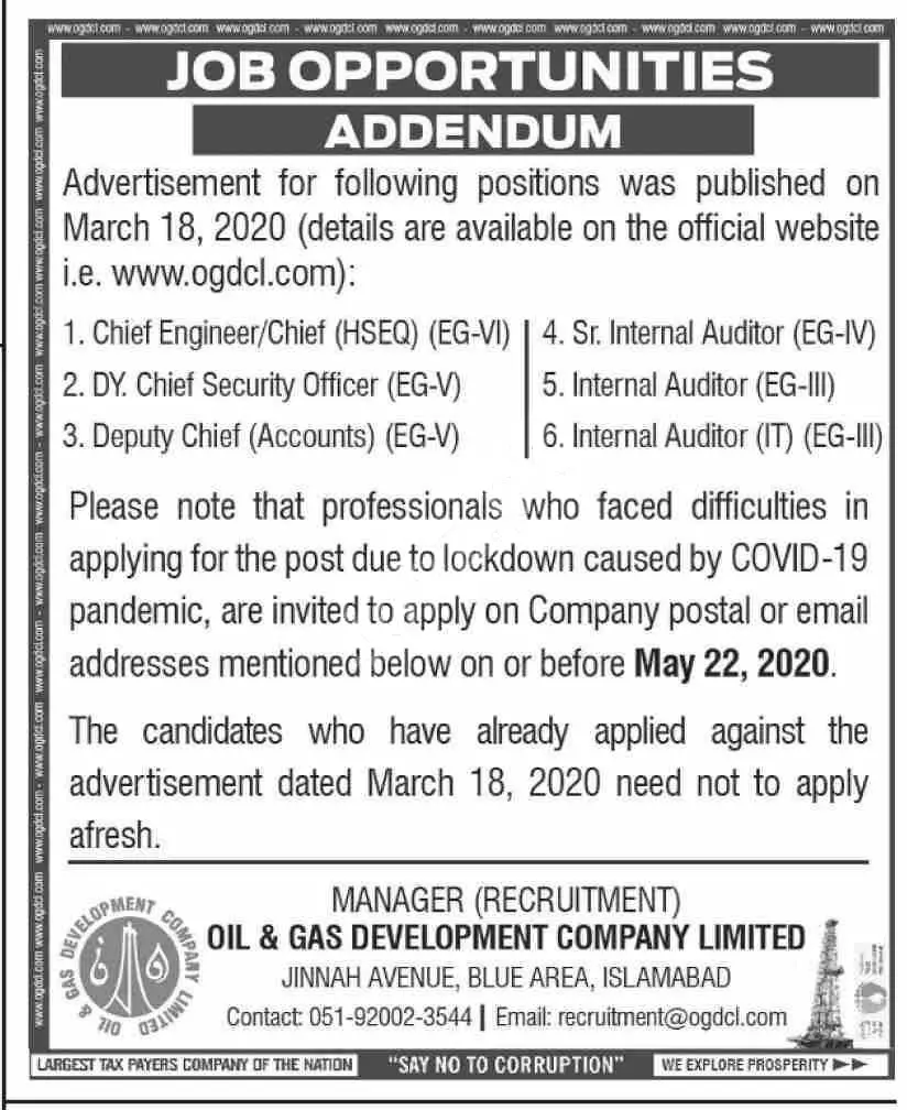 Jobs Oil & Gas Development Company Limited OGDCL – Oil & Gas Development Company LTD Jobs 2020 — original advertisement