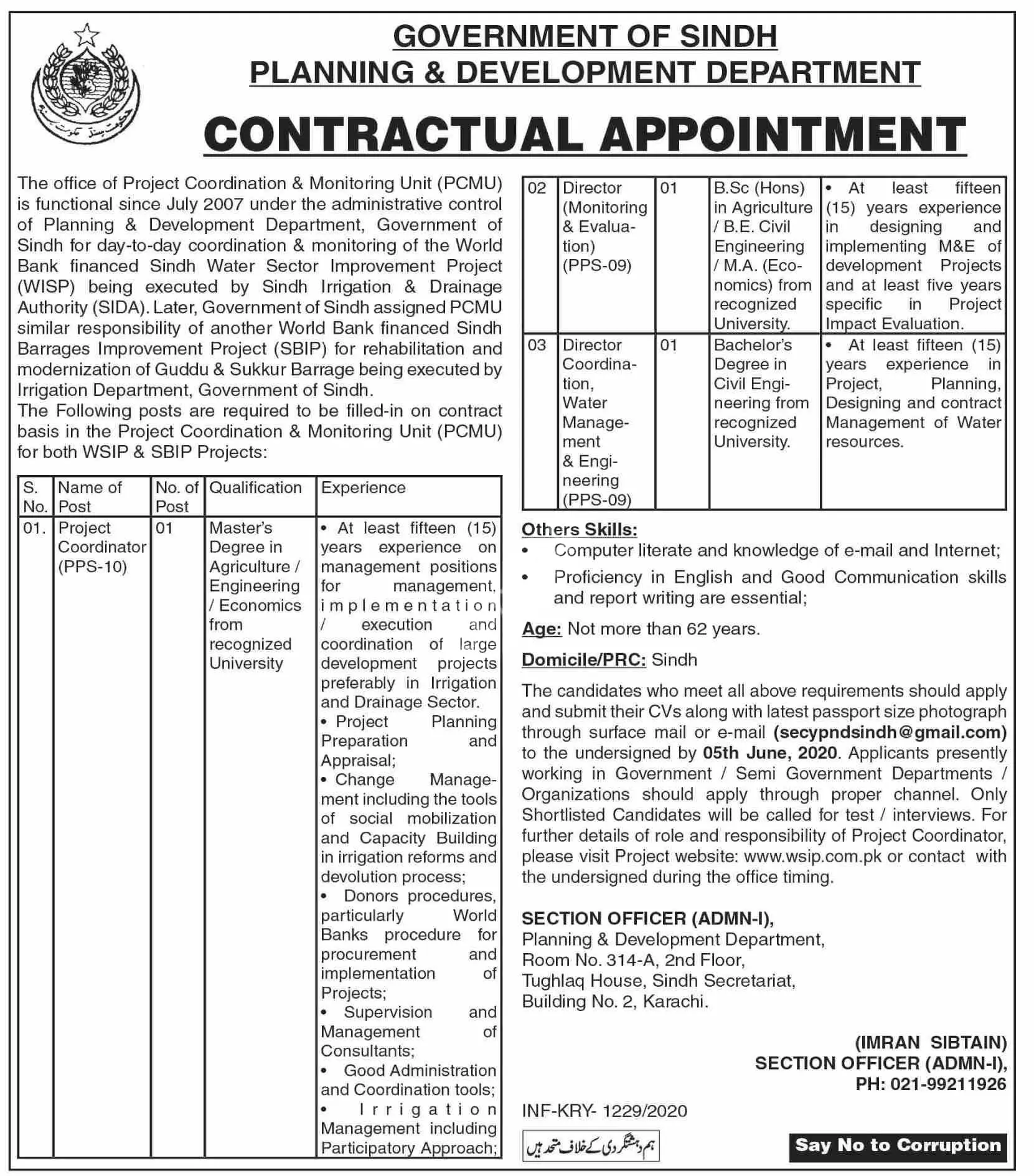 Jobs in Planning and Development Department Sindh – Govt of Sindh Jobs 2020 — original advertisement