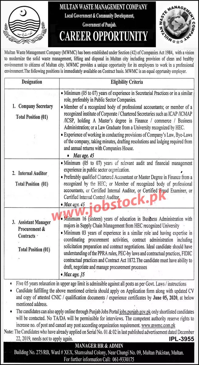Jobs in Multan Waste Management Company Jobs 2020 — original advertisement