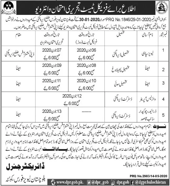 Interview Schedule Balochistan Levies Force Jobs 2020 — original advertisement