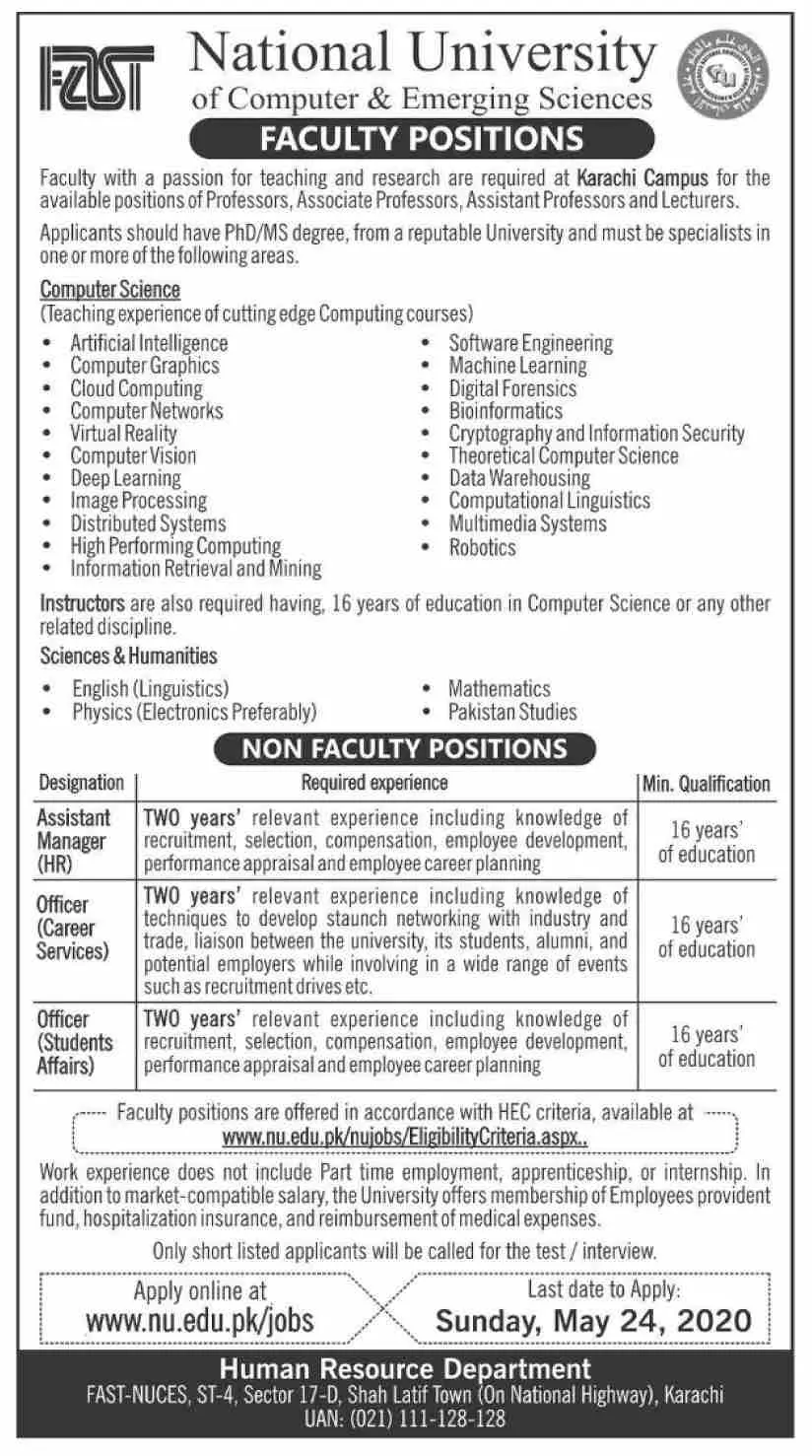 Jobs FAST  National University of Computer & Emerging Scienc – FAST - National University of Computer & Emerging Sciences Jobs 2020 — original advertisement