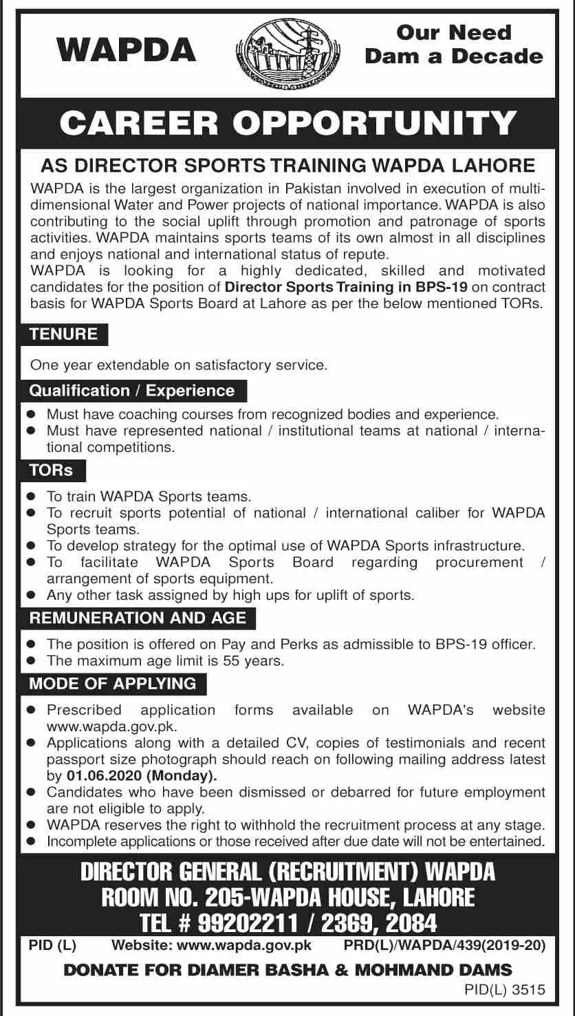 Jobs Pakistan Water and Power Development Authority Jobs 2020 — original advertisement