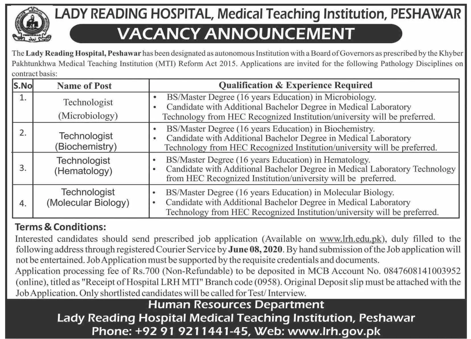 Jobs Lady Reading Hospital Peshawar Jobs 2020 — original advertisement