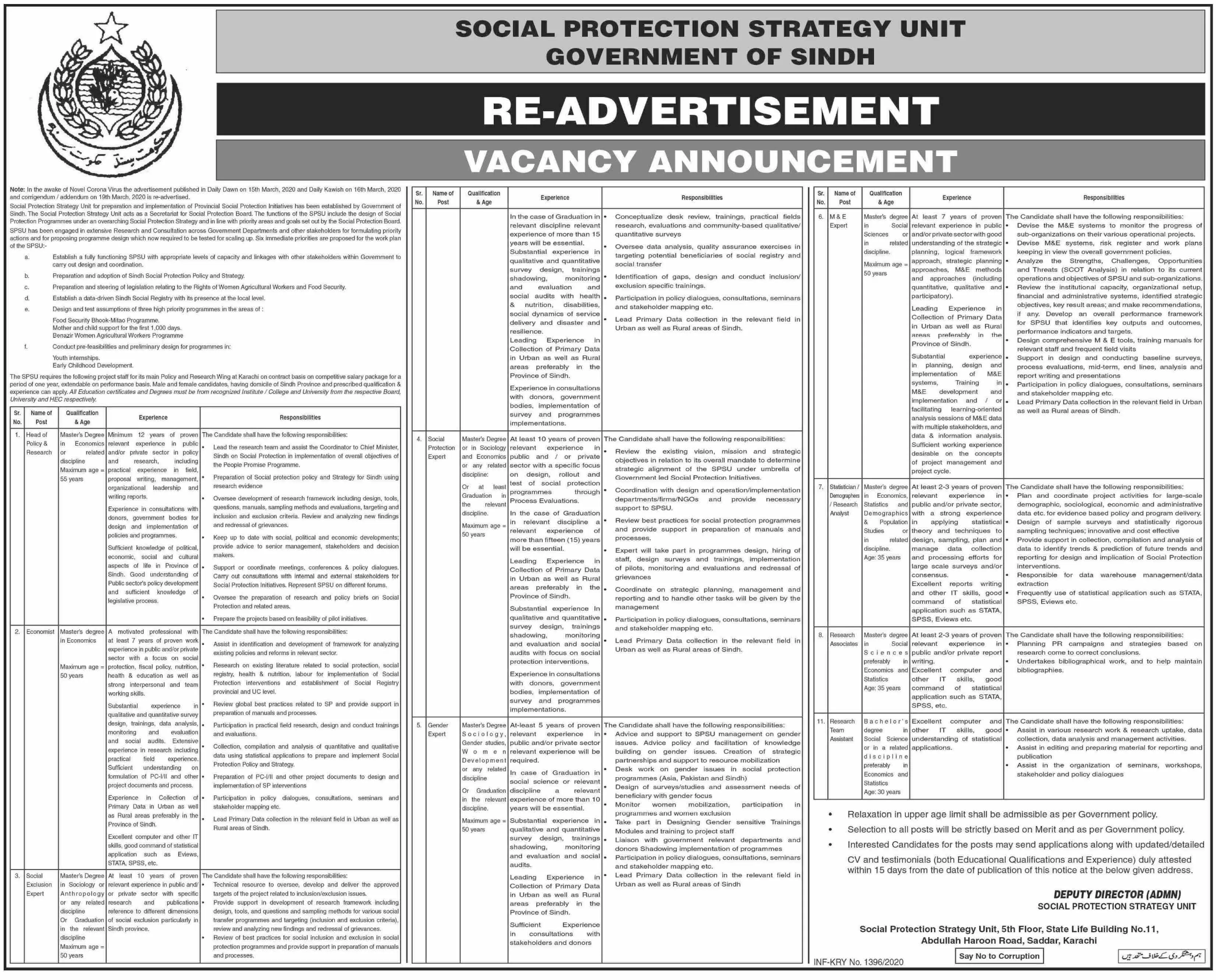 Jobs Social Protection Strategy Unit (SPSU) Sindh – Social Protection Strategy Unit  Sindh Jobs 2020 — original advertisement