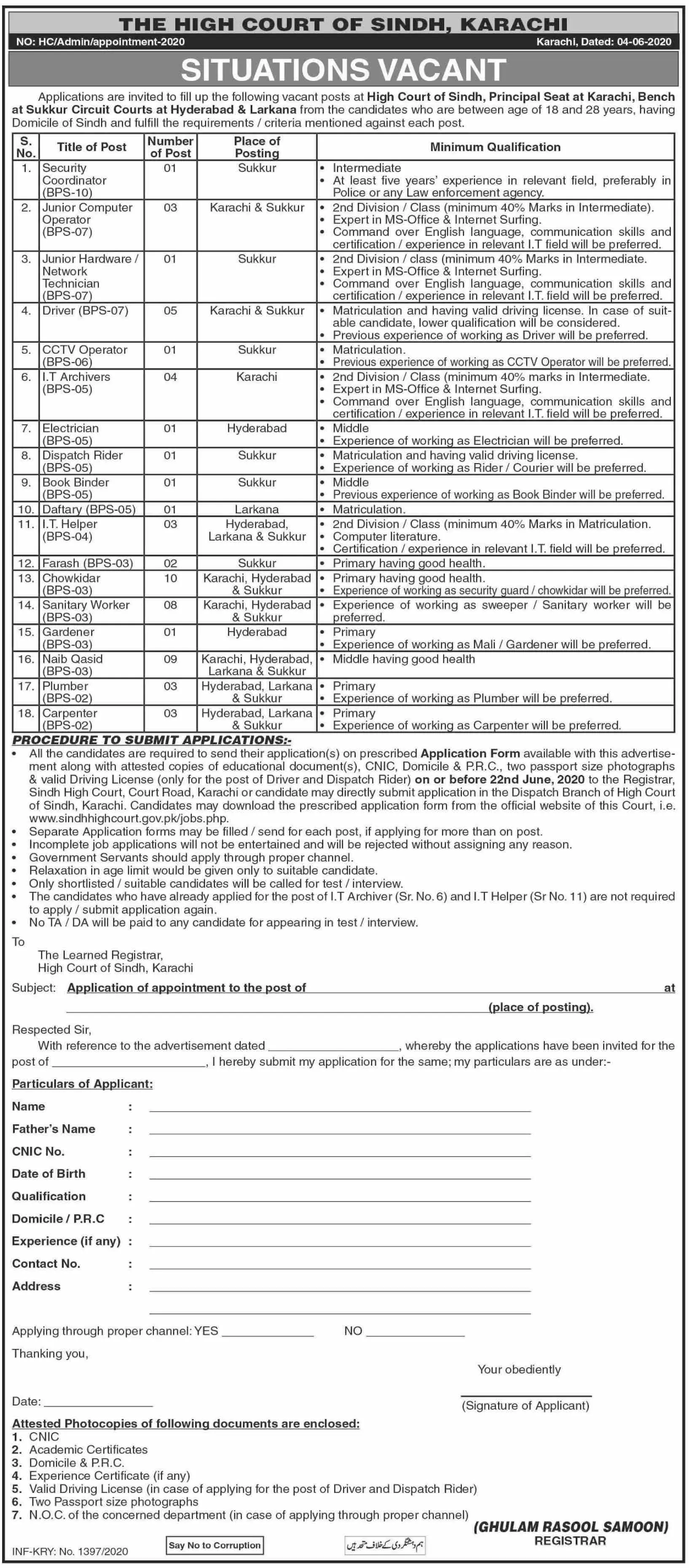 Jobs in Sindh High court Karachi Jobs 2020 — original advertisement