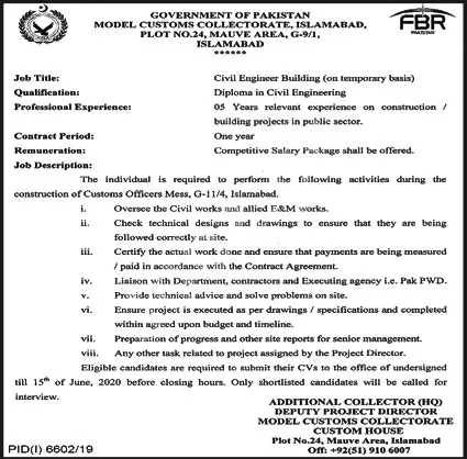 Jobs Federal Board of Revenue FBR Islamabad Jobs 2020 — original advertisement
