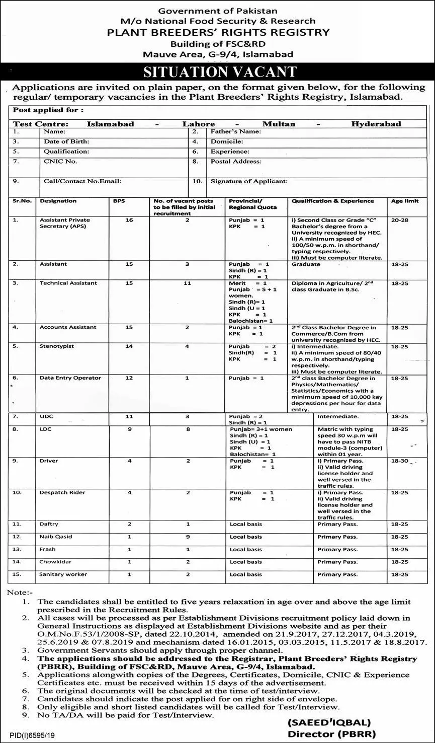Jobs Ministry of National Food Security & Research Jobs 2020 — original advertisement