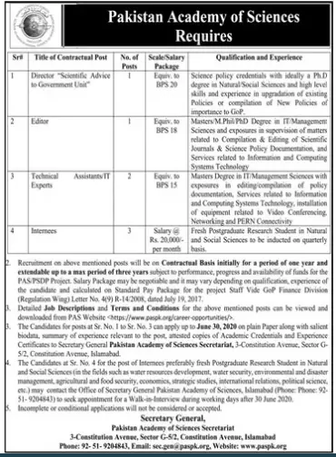 Jobs In Pakistan Academy Of Sciences Islamabad Jobs 2020 — original advertisement
