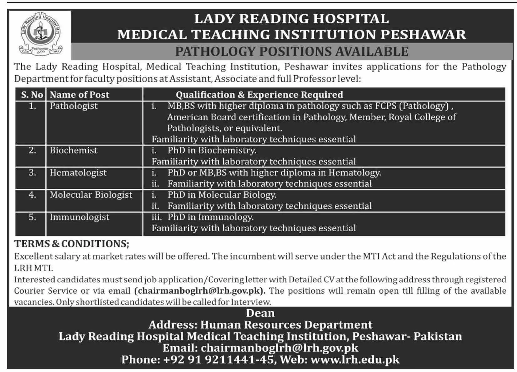 Jobs In Lady Reading Hospital Peshawer – Lady Reading Hospital Peshawar Jobs 2020 — original advertisement