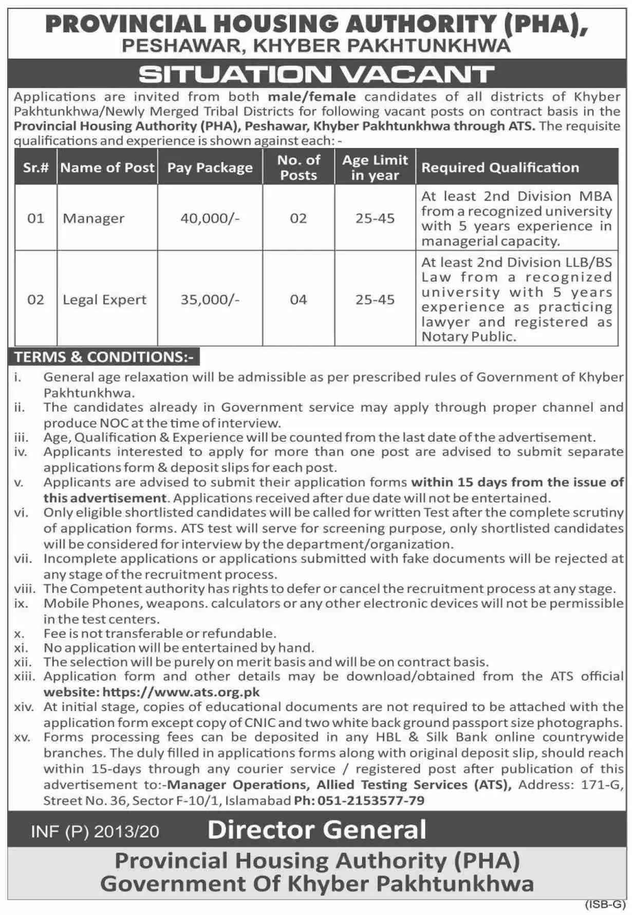 Jobs In Provincial Housing Authority Peshawar – Provincial Housing Authority KPK Jobs 2020 — original advertisement