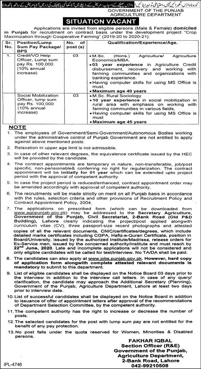 Jobs in Agriculture Department Punjab Jobs 2020 — original advertisement