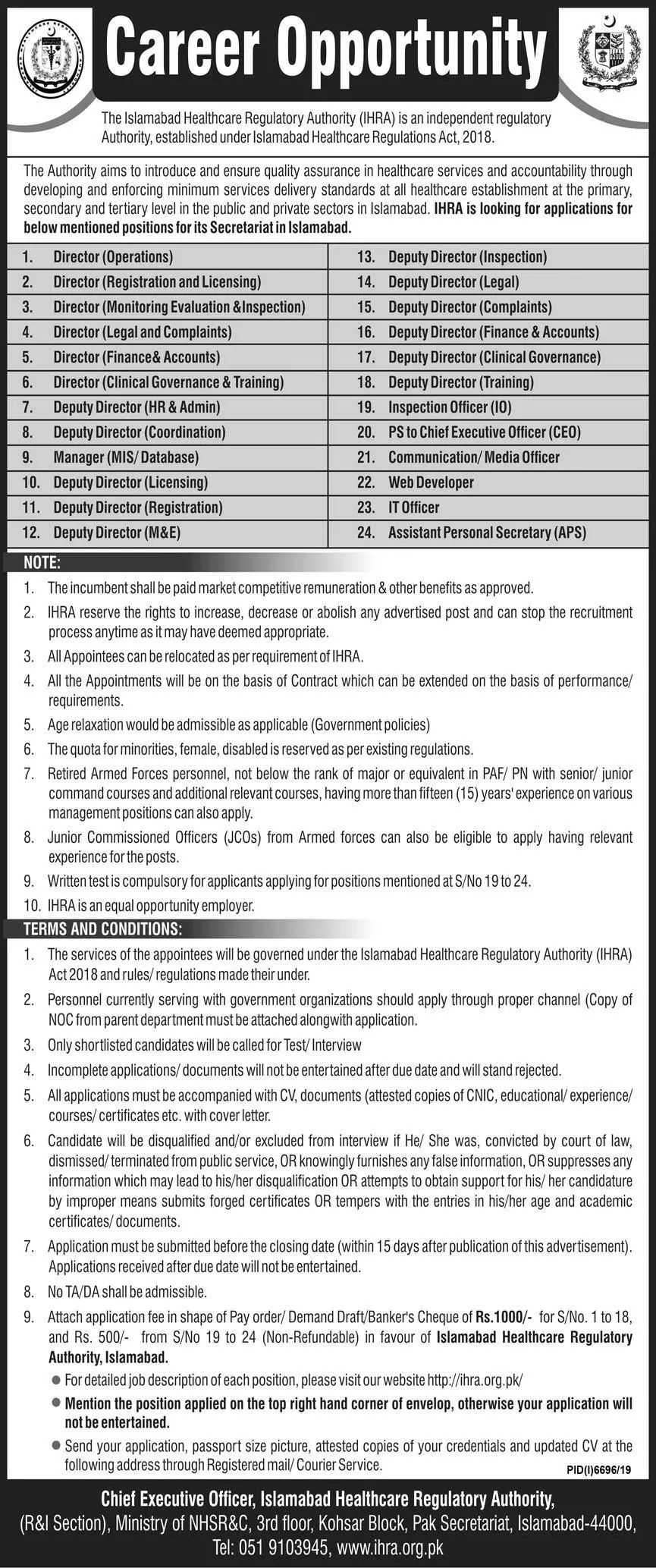 Jobs In Islamabad Healthcare Regulatory Authority Islamabad Jobs 2020 — original advertisement