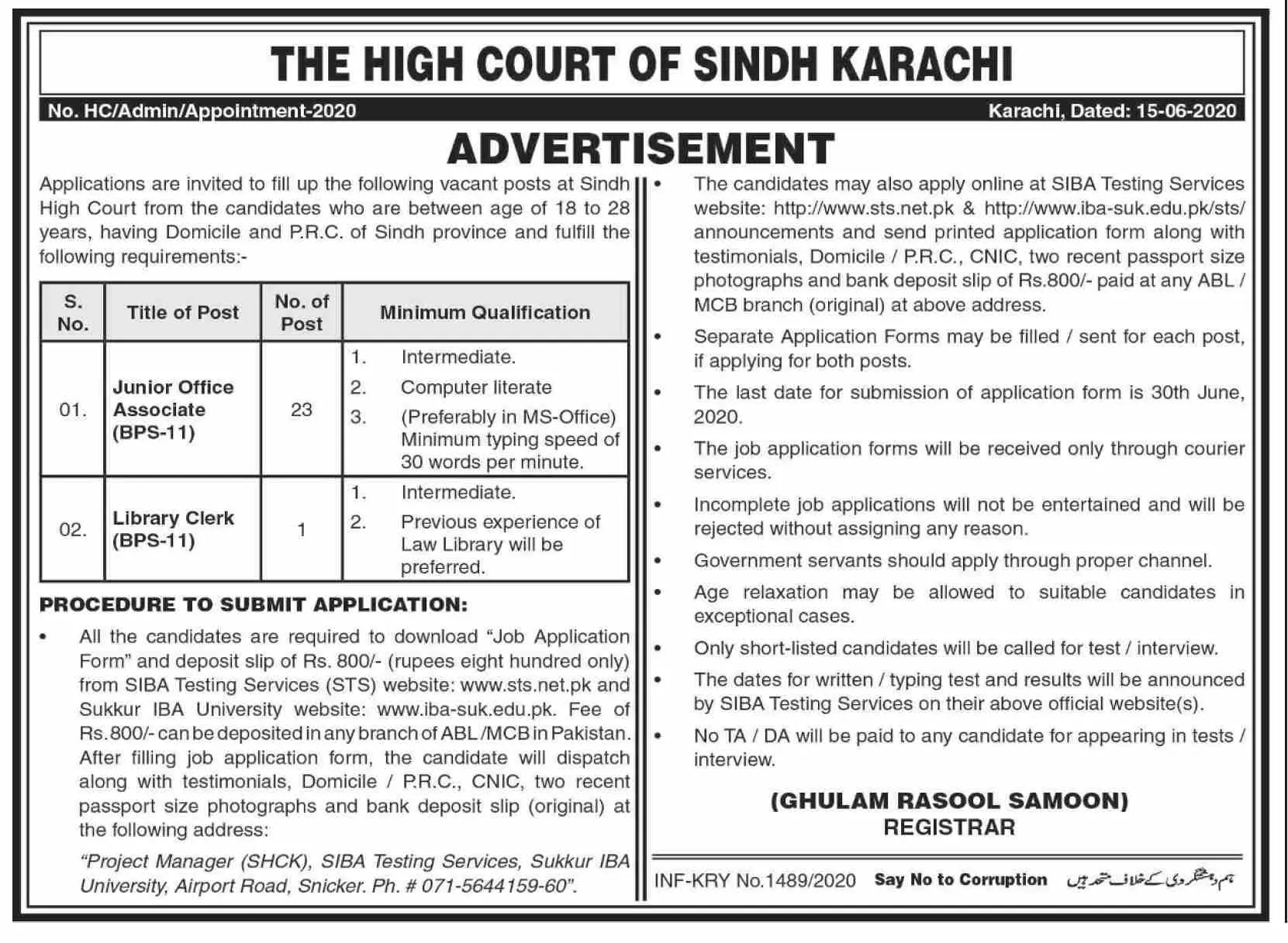 Jobs High Court of Sindh – Sindh High Court Jobs 2020 — original advertisement