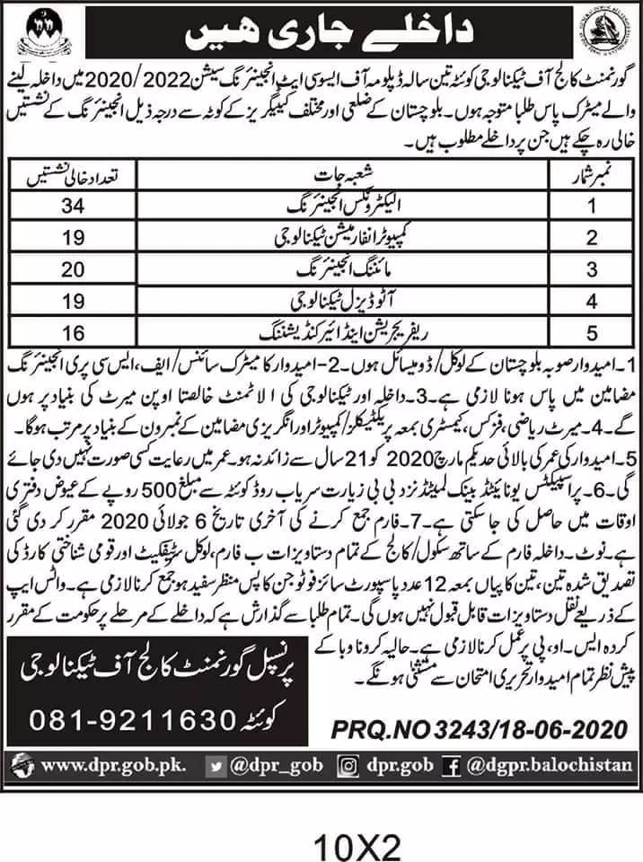 Admission Govt College of Technology Quetta – Govt College of Technology Balochsitan Quetta Admissions 2020 — original advertisement