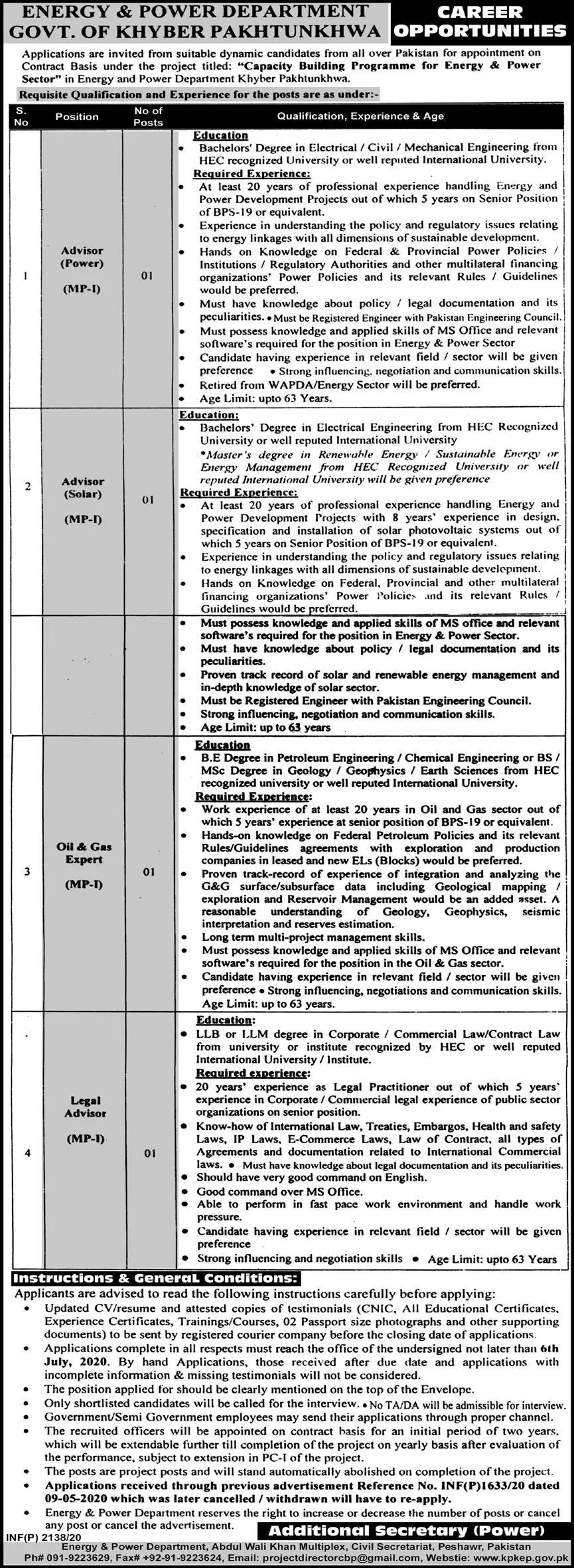 Jobs Energy & Power Department KPK Jobs 2020 — original advertisement