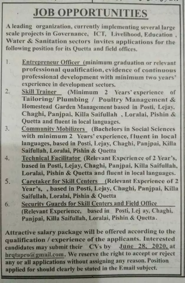 Jobs in Non Govt Organization Balochstan – Non-Profit Organization Jobs 2020 — original advertisement