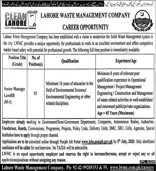 Jobs Lahore Waste Management Company Lahore Jobs 2020 — original advertisement