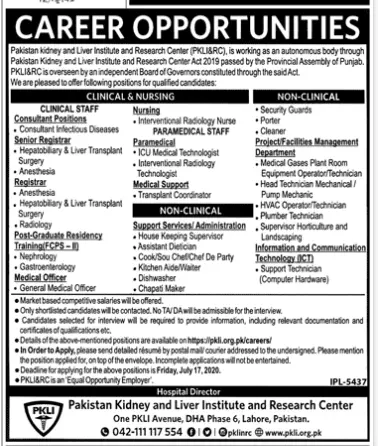 Jobs Pakistan Kidney And Liver Institute (PKLI) – Pakistan Kidney And Liver Institute (PKLI) And Research Centre Lahore Jobs 2020 — original advertisement