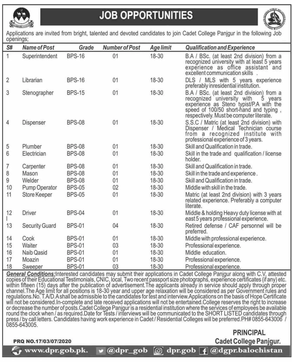 Jobs Cadet College Panjgur Balochistan Jobs 2020 — original advertisement