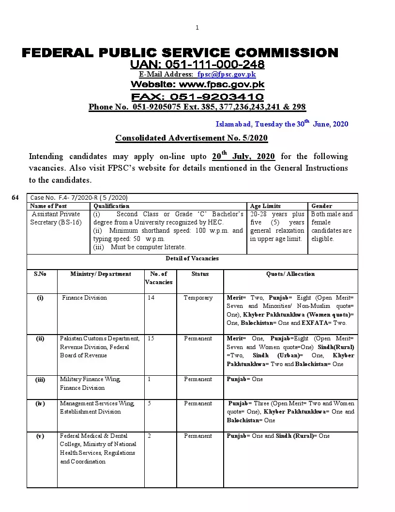 Jobs In Federal Public Service Commission Islamabad Jobs 2020 — original advertisement